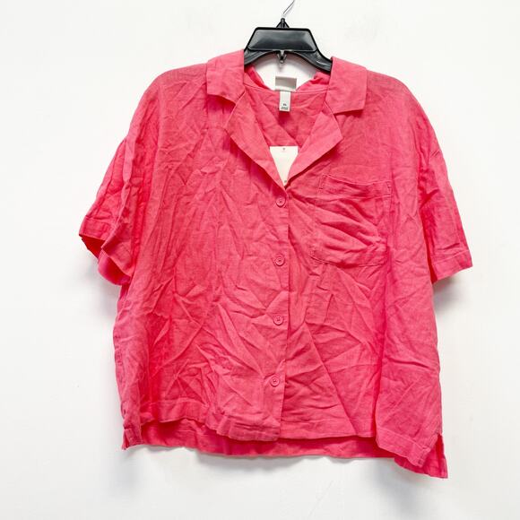 A New Day Women's Linen Short Sleeve Button Down Camp Shirt Pink Size - Picture 2 of 6